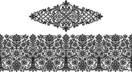 Elegant Black Floral Damask Border and Ornamental Vintage Decorative Pattern Design for Wedding Invitations and Luxury Branding © SreeMoti