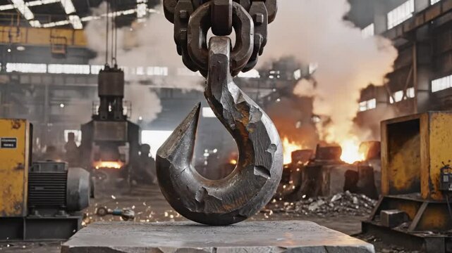 Industrial crane hook in a metal fabrication workshop with sparks, flames, and heavy machinery, showcasing craftsmanship.