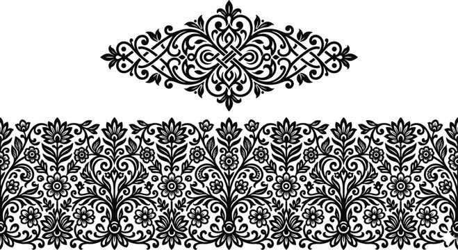 Elegant Black Floral Damask Border and Ornamental Vintage Decorative Pattern Design for Wedding Invitations and Luxury Branding