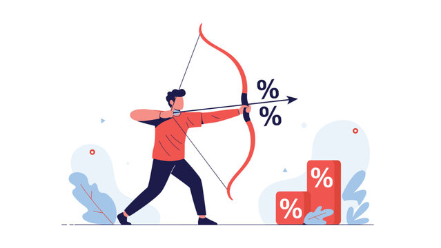Skillful man using a large red bow to shoot an arrow marked with percentage signs toward a target representing discounts.