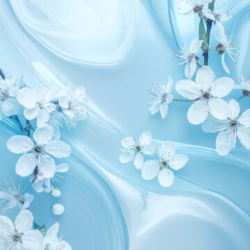 Eisblauer Fr&uuml;hlingshintergrund mit zarten Bl&uuml;ten