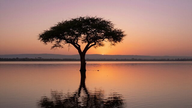 Silhouette of a tree standing in calm waters during sunrise at Nakuru National Park.