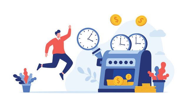 Enthusiastic man in orange sweater jumping for joy next to a creative machine transforming time into stacks of golden coins and wealth.