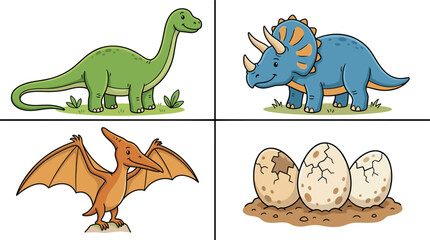 Cute cartoon dinosaur character collection set with triceratops pterodactyl and prehistoric eggs vector layout. © Mst Fateha Begum