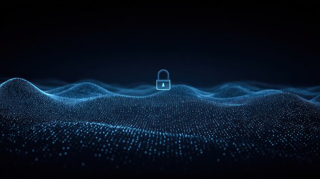 Glowing digital padlock hovers above a dark abstract surface composed of illuminated particles