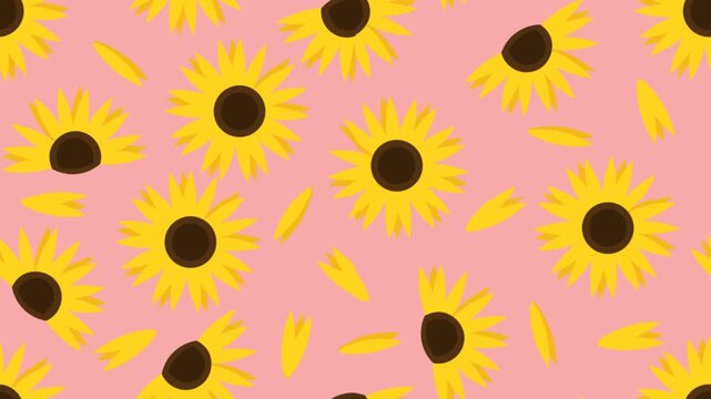 Seamless looping sunflower pattern animation with bright floral design, soft pastel pink background, and smooth motion graphics. Perfect for background, wallpaper, textile design, and creative video p