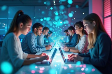 Fototapeta premium Global Network Connections People Working on Laptops in a CyberThemed Environment