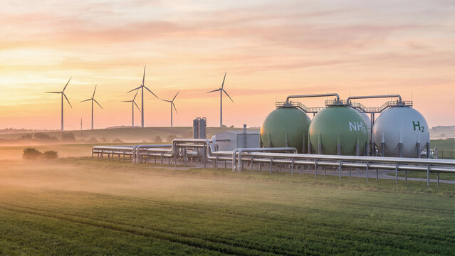 Green hydrogen and ammonia production plant with spherical storage tanks powered by wind turbines converting renewable energy into clean fuel in a misty field at golden sunrise