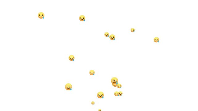 Animated crying face icons rising up. social media live stream sad reaction overlay chroma key. floating sad face emojis with tears, Live React Emotion Icon, stream of unhappy emoticons 