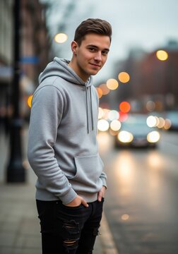Portrait of a handsome young man standing on a city sidewalk and smiling at the camera. He is wearing a casual grey hoodie and black ripped jeans, with a blurred street