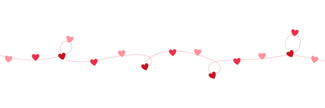 Paper pink heart string frame. Valentine day garland. Love background. Wedding banner. Happy Holiday decoration. Birthday party bg. Hanging confetti. 8 March card. Vector illustration