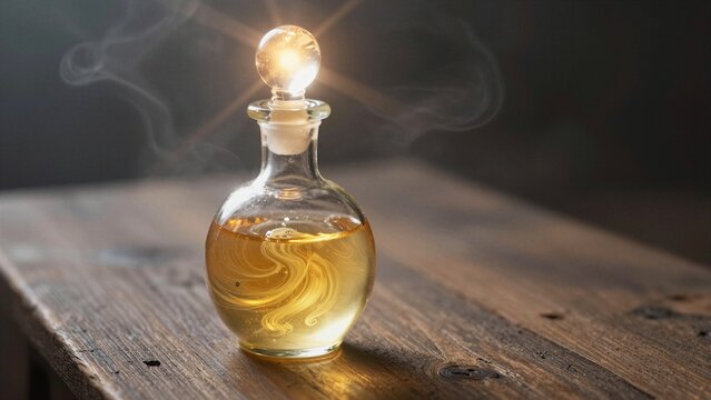 A glowing vintage potion bottle with golden liquid and swirling patterns, placed on a wooden surface against a dark, softly focused background.