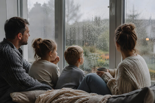 Family Reflection on a Rainy Day: A family of four gazes out of a window at the rain, finding solace and connection indoors as the weather turns.