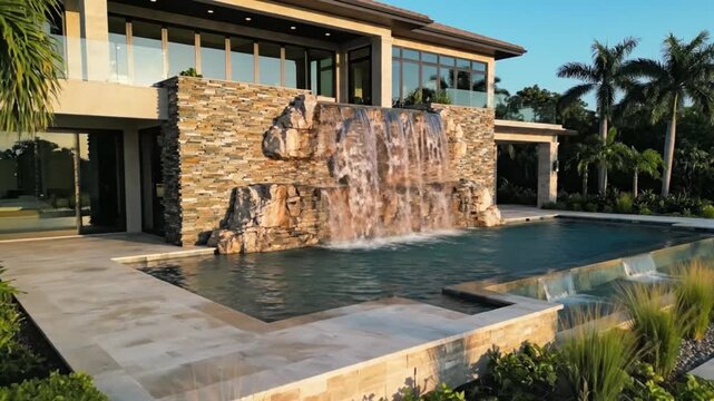 Modern Residential Estate Featuring A Custom Stone Waterfall Feature Flowing Into A Large Infinity Edge Swimming Pool Within A Private Backyard