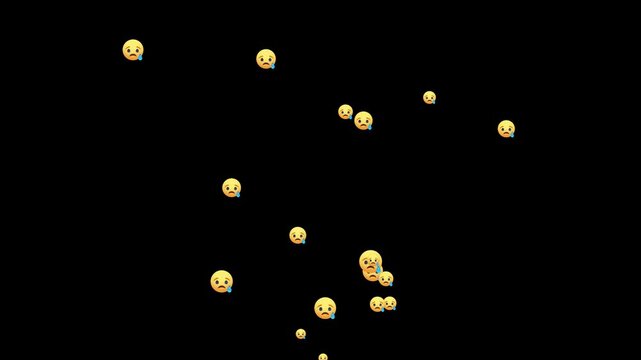 Animated crying face icons rising up. social media live stream sad reaction overlay chroma key. floating sad face emojis with tears, Live React Emotion Icon, stream of unhappy emoticons 