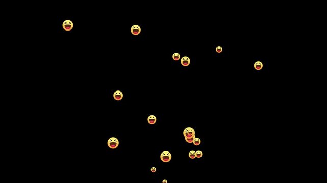 Social media live stream haha reaction overlay. floating laughing face emojis on black background. stream of joyful emoticons, Smiling face with tears icons rising up. 4k