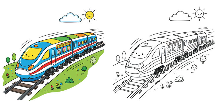 Cute high-speed train cartoon illustration. Kids coloring book page showing colored and black and white line art versions of a happy railway train on tracks.