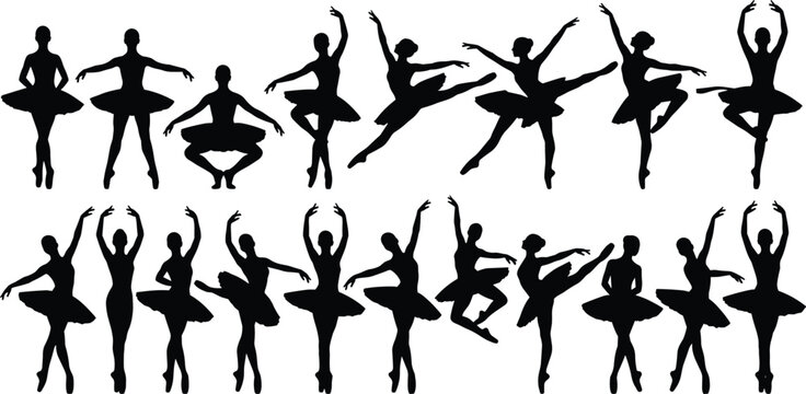 Ballet Dancer Silhouette Set Featuring Female Ballerinas in Tutus Performing Poses Jumps and Dances Isolated on White Background