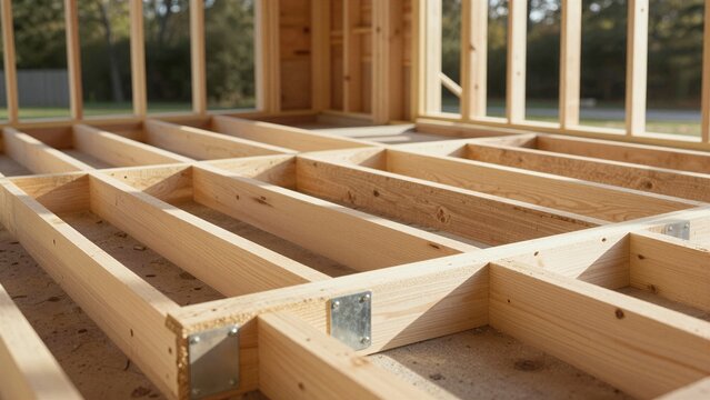 Close-up of engineered wooden joists forming a sturdy framework for a new home, with natural light highlighting the precision and craftsmanship.
