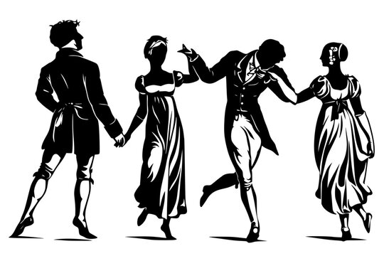 Vector silhouette of four figures in Regency‑era attire, paired in elegant dance. Symbol of history, refinement, tradition, and graceful social customs.