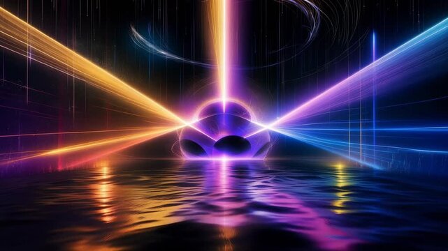 Neon cosmic portal with energy beams in futuristic sci fi convergence aesthetics