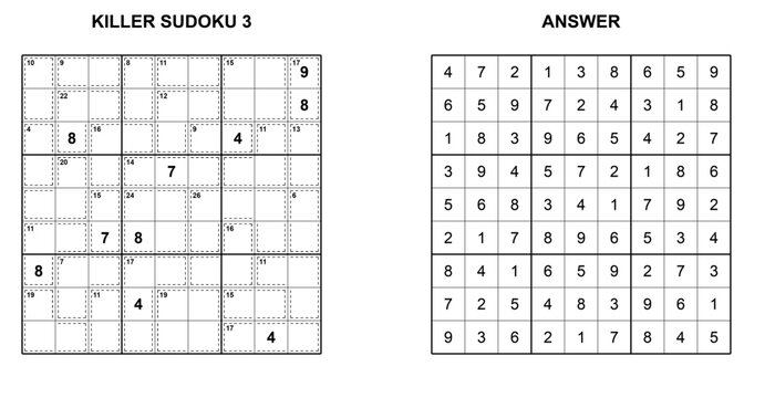 Killer Sudoku puzzle with solution displayed beside it  