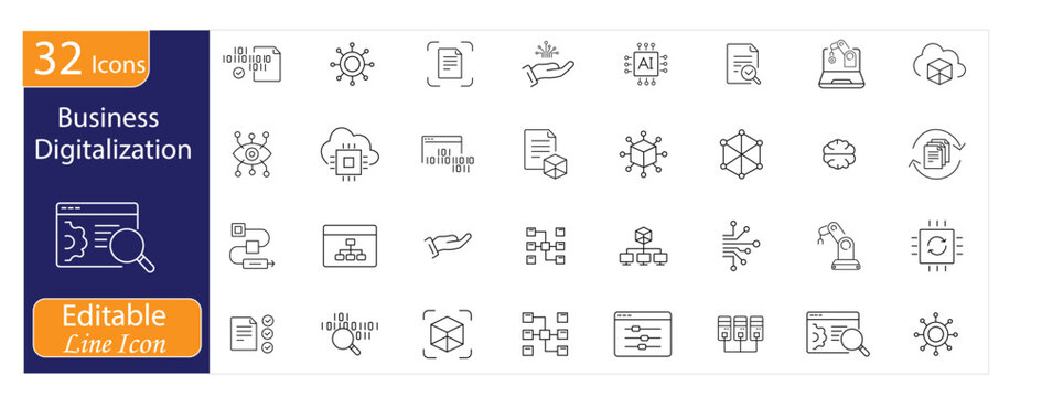 Business Digitalization icons set. Includes digital transformation, automation, cloud technology, data analytics, and smart business symbols. Editable Line icons.
