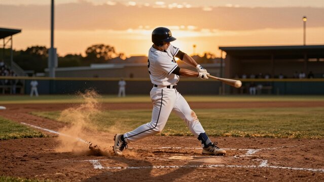 A baseball player swings his bat at sunset, kicking up dirt as he makes contact with the ball.