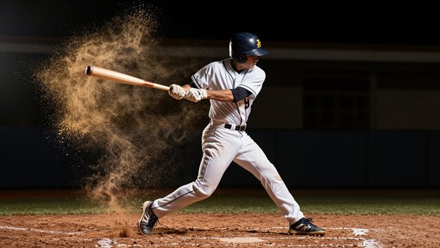 A baseball player swings a bat, hitting the ball with force, creating a cloud of dirt in a nighttime game.