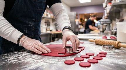 Obraz premium Baker cutting red fondant circles for cake decoration in a professional kitchen.