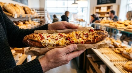 Obraz premium Baker Holding Delicious Savory Pastry in Bakery.