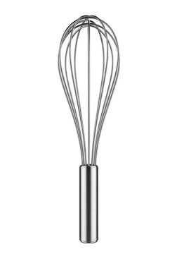 Metal whisk stands upright, sleek and polished