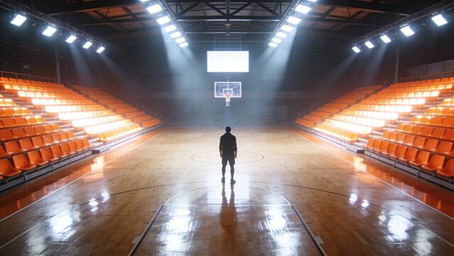 A solitary individual stands under a spotlight on an empty basketball court, reflecting on dreams and future triumphs amidst the quiet anticipation