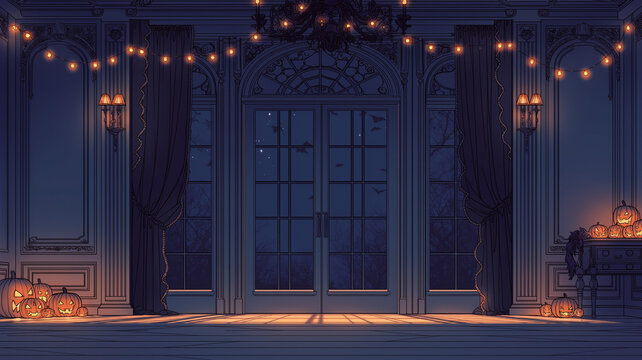 夜の配信画面に映えるハロウィーン風背景イラスト。ジャックオーランタン、幽霊、こうもり、ろうそく、月の見える窓、室内装飾、幻想的な灯り、怪しげな屋敷、秋のイベント、動画背景、配信背景、待機画面、壁紙、サムネイル、装飾、背景素材、ファンタジー、かわいいホラー、季節感を演出するイラスト素材。ゲーム配信、雑談配信、イベント告知にも最適。ライブ配信、動画制作、季節演出にも便利。秋の夜を彩る印象的な一枚。