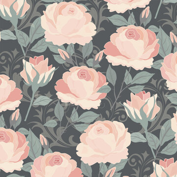 Seamless large scale vintage floral pattern with pink roses, buds, leaves and scrolls on dark gray background. Elegant romantic design for wallpaper, fabric, wedding stationery, home decor, textile.
