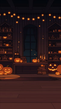 ハロウィーンをテーマにした配信用の背景イラスト。夜の室内、かぼちゃ飾り、幽霊、こうもり、キャンドルライト、月夜の窓、ガーランド、暖炉、怪しい屋敷の雰囲気、幻想的な空間、秋のイベント、配信画面、動画背景、待機画面、壁紙、サムネイル、配信部屋、装飾、季節感、ファンタジー、かわいいホラーを表現した背景イラスト素材。ゲーム配信、雑談配信、イベント告知にも最適。VTuber配信、壁紙、配信画面にもおすすめ。