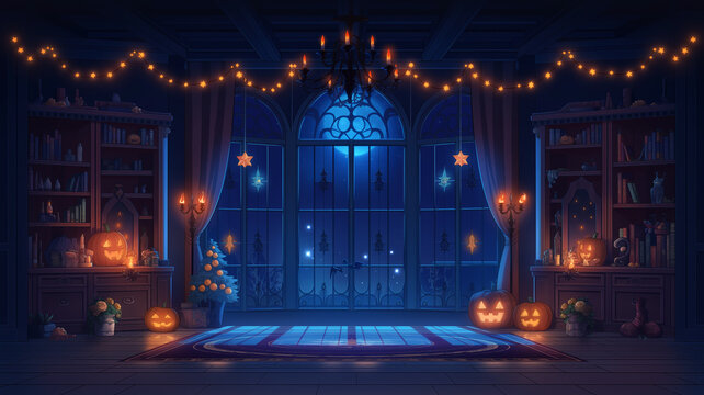 ハロウィーンをテーマにした配信用の背景イラスト。夜の室内、かぼちゃ飾り、幽霊、こうもり、キャンドルライト、月夜の窓、ガーランド、暖炉、怪しい屋敷の雰囲気、幻想的な空間、秋のイベント、配信画面、動画背景、待機画面、壁紙、サムネイル、配信部屋、装飾、季節感、ファンタジー、かわいいホラーを表現した背景イラスト素材。ゲーム配信、雑談配信、イベント告知にも最適。VTuber配信、壁紙、配信画面にもおすすめ。