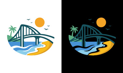 Scenic coastal bridge icon over ocean, sandy beach, and palm trees, illustrated in vibrant day and tranquil night versions for travel and vacation themes © inka