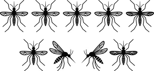 Mosquito silhouettes collection featuring top view and side profile insect graphics for pest control and health awareness designs © Mst Shamima