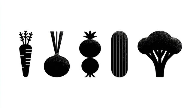 Stylized black and white silhouette icons represent a collection of fresh garden produce arranged horizontally.