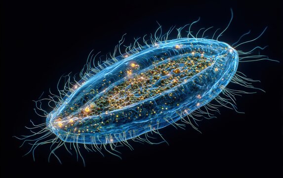Single paramecium swimming through water displaying active cilia movement and detailed cellular structure under microscope, perfect for microbiology education and scientific learning concept.