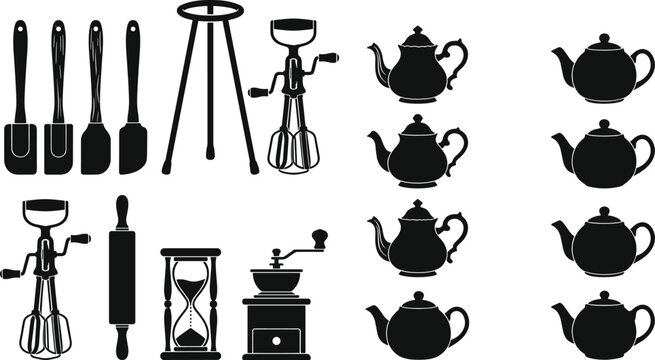 Vintage kitchen utensils and baking tools silhouettes set featuring teapots spatulas egg beaters rolling pin coffee grinder and hourglass vector