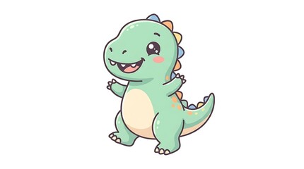 Obraz premium Adorable Green Baby Dinosaur Cartoon Character Smiling Happily.
