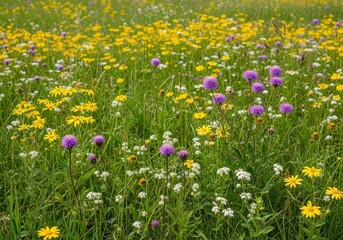 Obraz premium Beautiful meadow with colorful wild flowers and green grass blooming in a sunny spring season field landscape