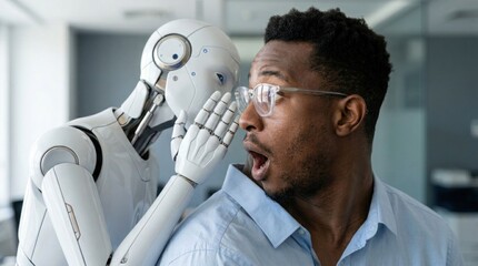 Robot Whispering Secret to Shocked Businessman in Office.