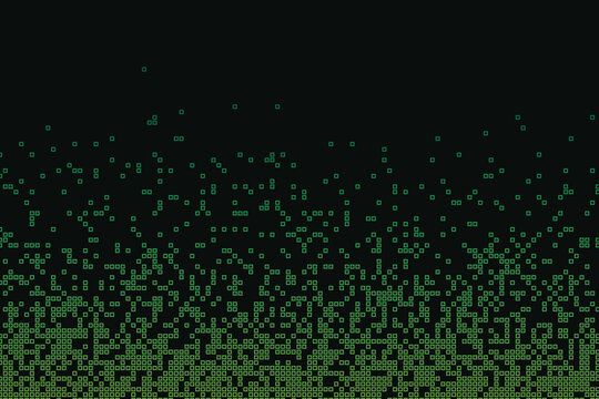 Green square pixels dissolving into blackness, digital data flow abstract background texture