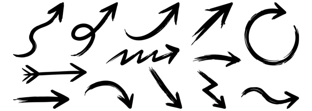 Brush painted arrow set with grunge. Hand drawn grunge arrows vector. Arrows set