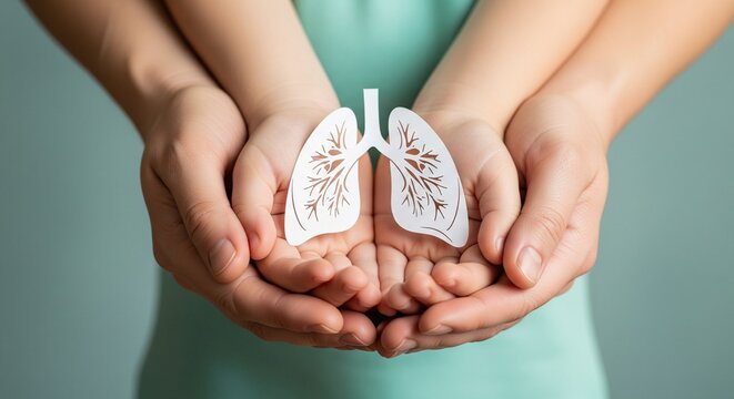 Adult and child holding paper lungs symbolizing respiratory health care