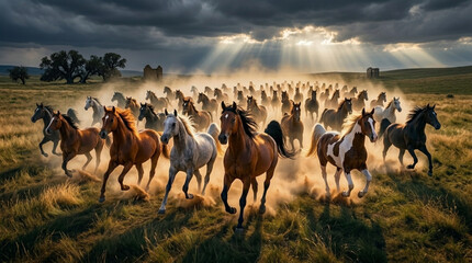 Obraz premium A large herd of horses running through a field with a stormy sky