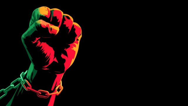 A raised fist painted in Pan-African colors of red, green, and black. The fist is shackled, symbolizing strength and resilience.  June 19th juneteenth day, kwanzaa.